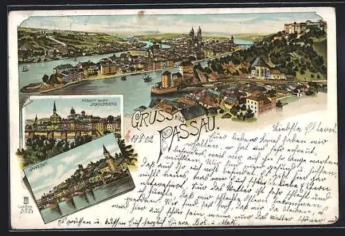 Lithographie Passau, Ansicht von der Donaubrücke, Innstadt