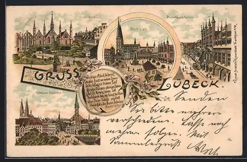 Lithographie Lübeck, Geibel-Denkmal, Marktplatz, Breitestrasse u. Rathaus