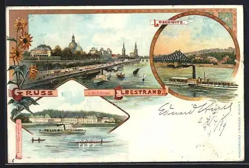 Lithographie Dresden-Loschwitz, verschiedene Ansichten des Elbestrandes