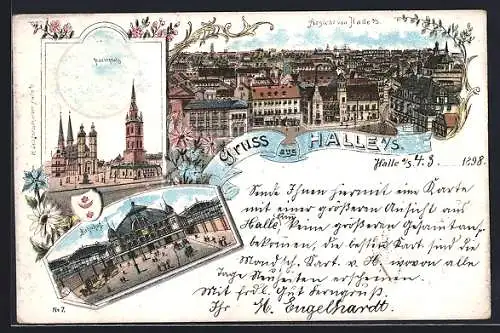 Lithographie Halle a. S., Marktplatz, Bahnhof, Teilansicht der Stadt