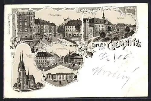 Lithographie Chemnitz, Johannesplatz, Kaserne, Rathaus, Nicolaibrücke