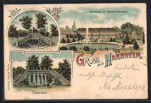 Lithographie Hannover, Cascade, Grotte, Schloss in Herrenhausen