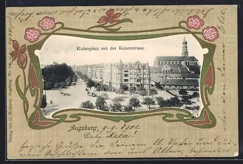 AK Augsburg, Kaiserplatz mit der Kaiserstrasse im Blumen-Passepartout