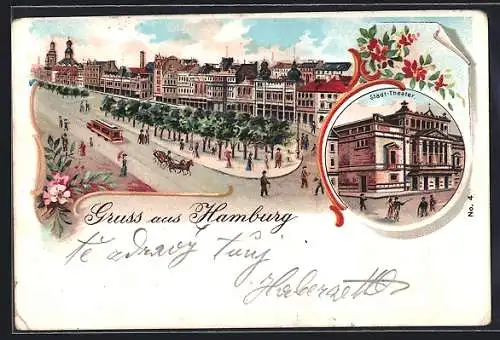 Lithographie Hamburg, Reeperbahn mit Strassenbahn, Stadt-Theater