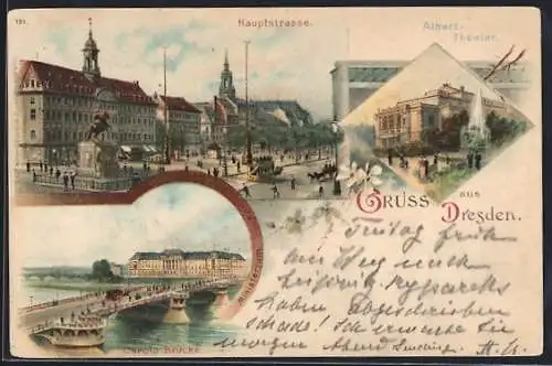 Lithographie Dresden, Hauptstrasse, Carola-Brücke und Albert-Theater