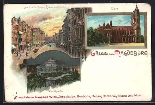 Lithographie Magdeburg, Stadttheater, Breite Weg mit Katharinenkirche, Dom