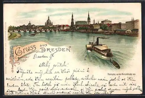 Lithographie Dresden, Panorama von der Marienkirche aus