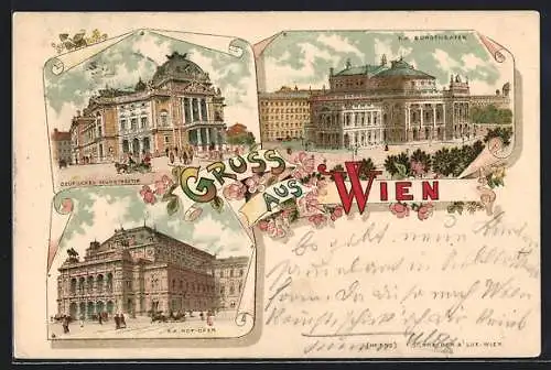 Lithographie Wien, Deutsches Volkstheater, K.K. Burgtheater, K.K Hof-Oper