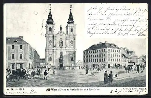 Lithographie Alt-Wien, Kirche zu Mariahilf bei den Barbaniten