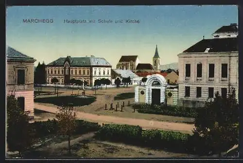 AK Marchegg, Hauptplatz mit Schule und Kirche