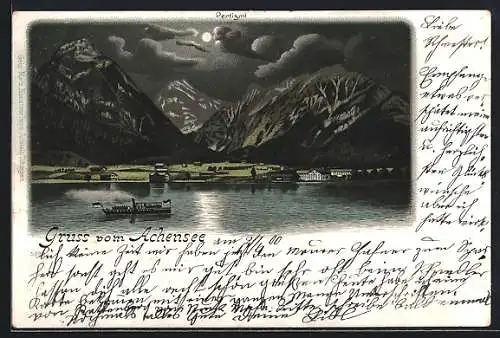 Mondschein-Lithographie Pertisau, Dampfer auf dem Achensee