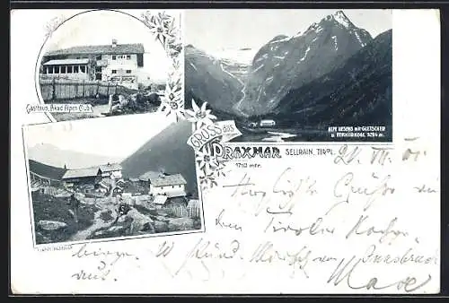 AK Praxmar, Gasthaus Akad. Alpen Club, Alpe Uesens mit Gletscher und Fernerkogel