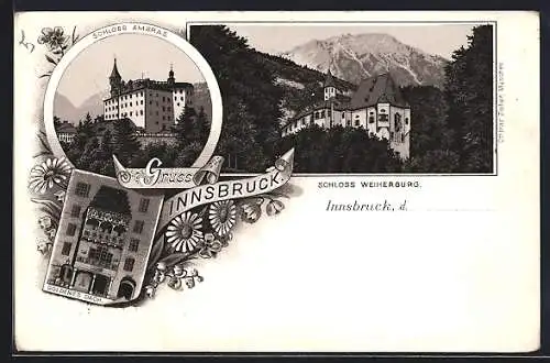 Lithographie Innsbruck, Schlösser Ambras und Weiherburg, Goldenes Dachl