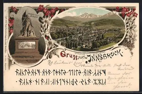 Lithographie Innsbruck, Totalansicht nach Süden, Andreas Hofer Monument