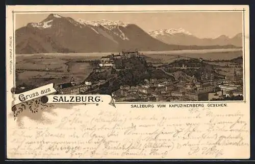 Lithographie Salzburg, Totalansicht vom Kapuzinerberg aus