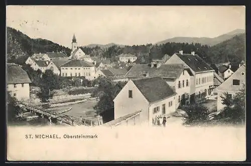 AK St. Michael /Obersteiermark, Blick über die Dächer zur Kirche