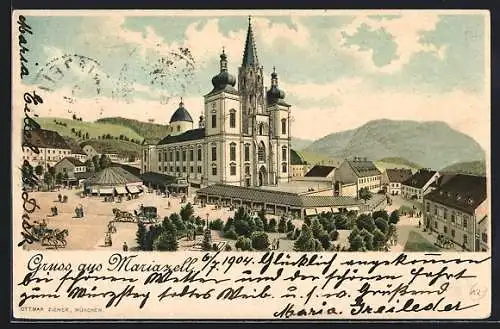 Lithographie Mariazell, Wallfahrtskirche und Marktstände