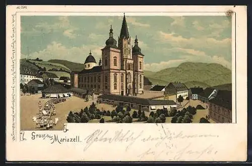 Lithographie Maria Zell, Wallfahrtskirche mit Bergpanorama und Prozession