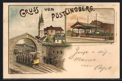 Künstler-AK Erwin Spindler: Pöstlingberg, Bergbahn mit Bahnhof und Kirche