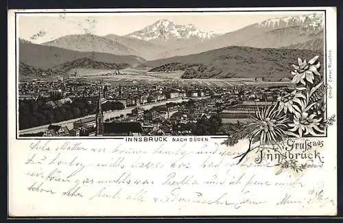 Lithographie Innsbruck, Gesamtansicht aus der Vogelschau nach Süden