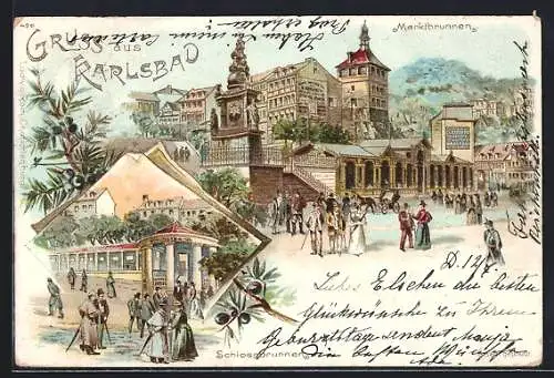 Lithographie Karlsbad, Marktbrunnen, Schlossbrunn