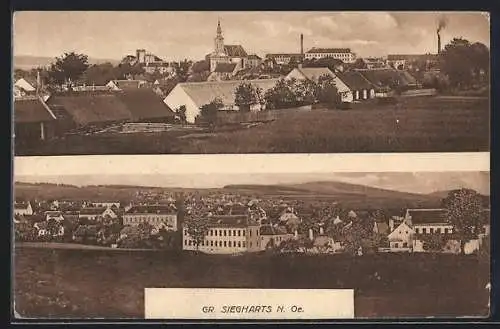 AK Gross-Siegharts, Blick zur Kirche des Ortes, Blick über die Dächer des Ortes vom Berg aus