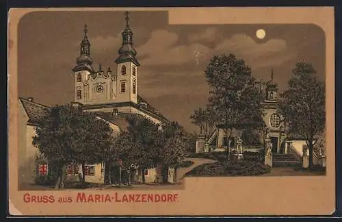 Mondschein-Lithographie Maria Lanzendorf, Ortspartie mit der Kirche