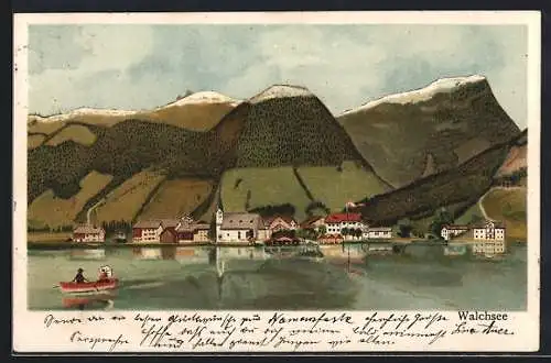 Lithographie Walchsee, Gesamtansicht gegen die Berge