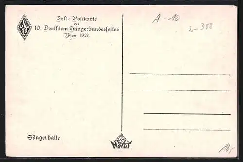 AK Wien, 10. Deutsches Sängerbundesfest 1928, Gebäudeansicht mit Besuchern, deutsche Flaggen