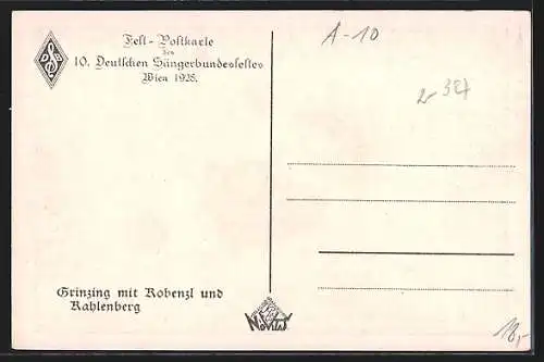 Künstler-AK Wien, 10. Deutsches Sängerbundesfest 1928, Grinzing mit Robenzl & Kahlenberg