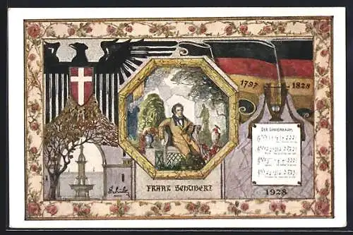 AK Wien, 10. Deutsches Sängerbundesfest 1928, Franz Schuber-Portrait, Wappen & Flaggen, Der Lindenbaum