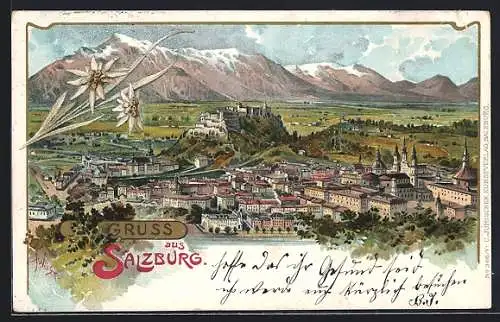 Lithographie Salzburg, Stadtpanorama gegen Alpen, Edelweiss