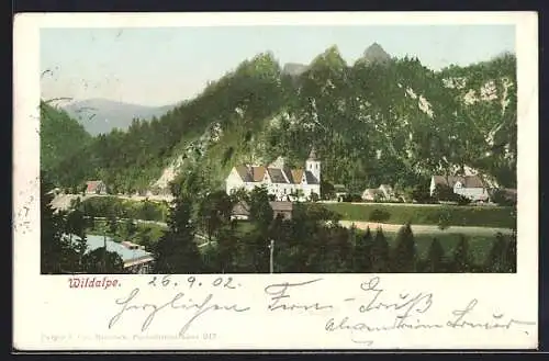 AK Wildalpe, Ortsansicht mit Kirche, Gewässer und Bergpanorama