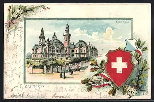 Passepartout-Lithographie Zürich, Tonhalle, Wappen und Schleife Helvetia, Edelweiss