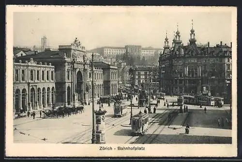 AK Zürich, Bahnhofsplatz mit Strassenbahn