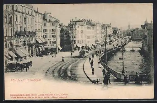 AK Zürich, Limmatquai, Strassenbahn