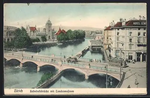 AK Zürich, Strassenbahnen auf der Bahnhofsbrücke mit Blick zum Landesmuseum