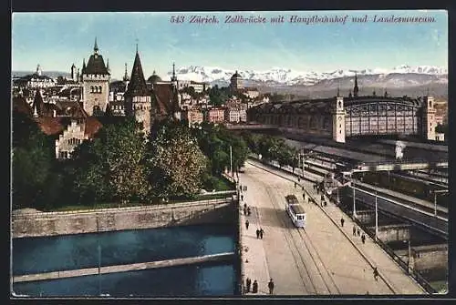 AK Zürich, Strassenbahn auf der Zollbrücke mit Hauptbahnhof und Landesmuseum