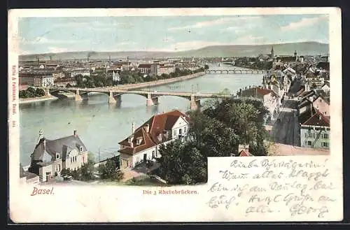 AK Basel, Die 3 Rheinbrücken, um 1900