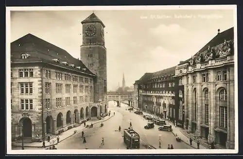 AK Sankt Gallen, Bahnhof und Postgebäude, Strassenbahn