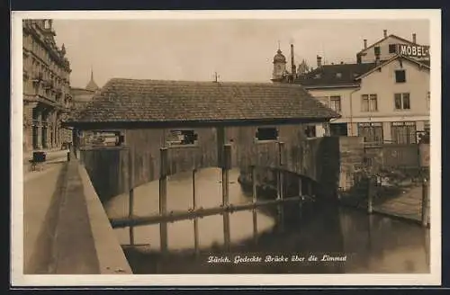 AK Zürich, Gedeckte Brücke über die Limmat