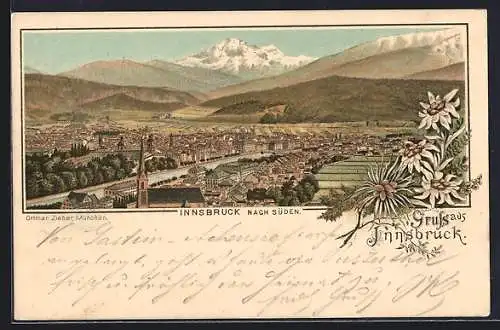 Vorläufer-Lithographie Innsbruck, 1895, Totalansicht aus der Vogelschau