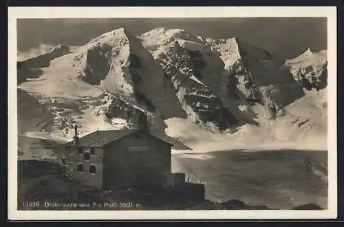 AK Diavolezzahütte und Piz Palü, Aussenansicht der Berghütte mit Blick gegen den Berg