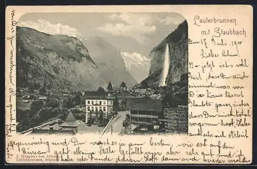 AK Lauterbrunnen, Ortsansicht mit Blick auf Staubbach