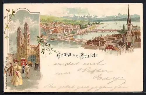 Lithographie Zürich, Grossmünster, Gesamtansicht mit Gebirgspanorama