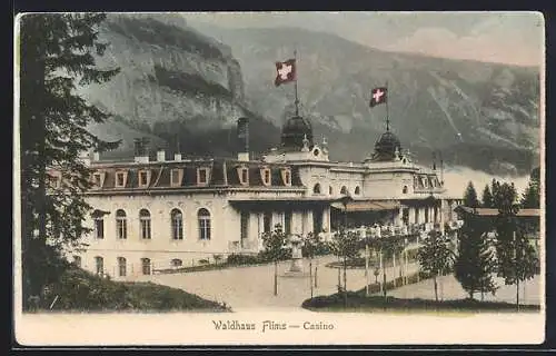 AK Waldhaus-Flims, Casino mit schweizer und amerikanischer Fahne