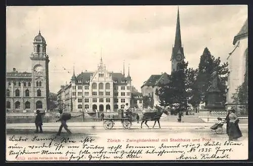 AK Zürich, Zwinglidenkmal mit Stadthaus und Post