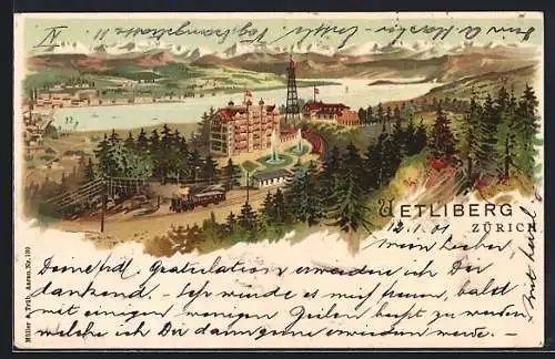 Lithographie Zürich, Gasthaus auf dem Uetliberg