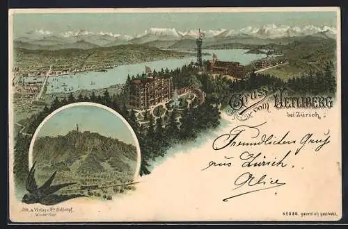 Lithographie Uetliberg bei Zürich, Panorama mit Hotel, Schwalbe über Eisenbahn