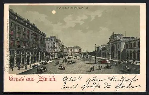 Mondschein-Lithographie Zürich, Bahnhofplatz mit Pferdebahn und Kutschen